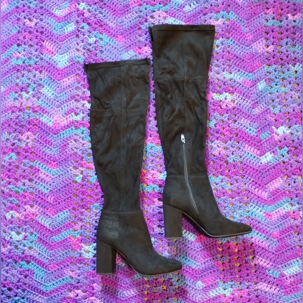 Black Knee High Square Toed Heeled Boots